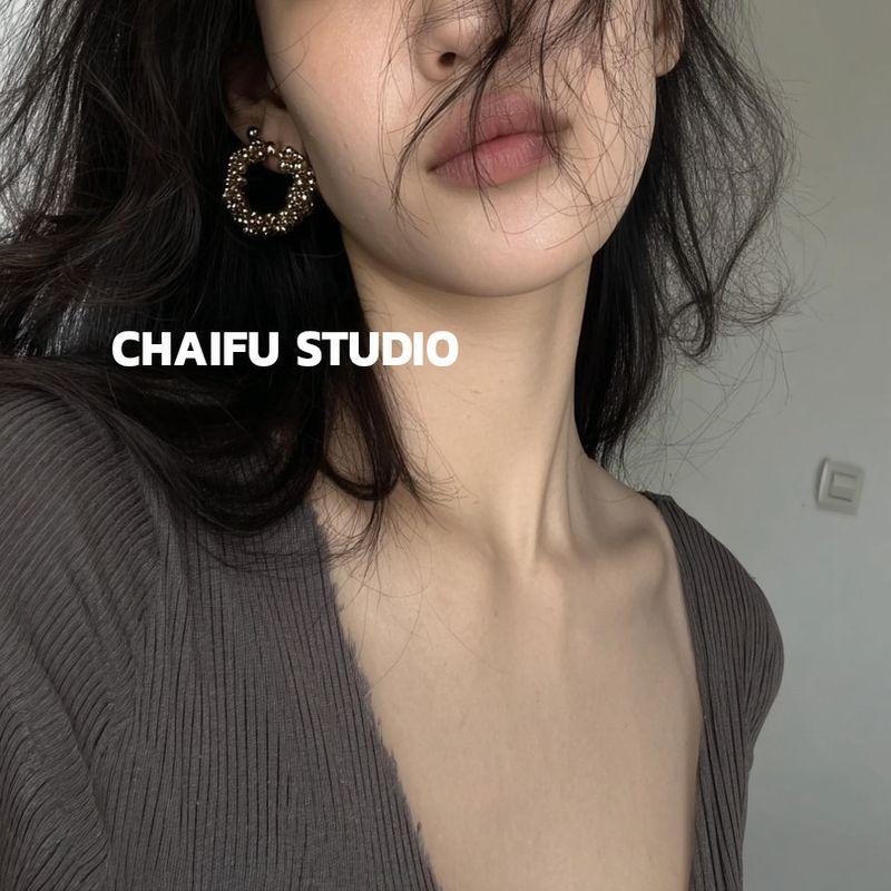 Chaifu Studio/R938 European and American Style Personalized Metal Ball Wrapped Round Earrings Hip-Hop Niche Design Earrings Golden Pair