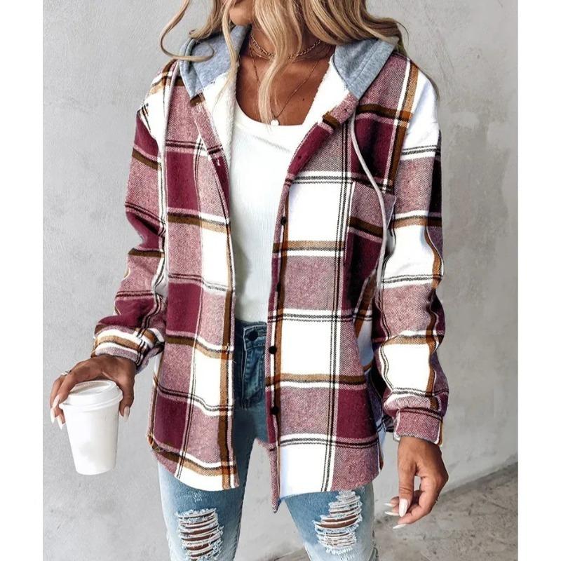 TIFICY Women's Fashion Casual Plaid Print Autumn Winter Long Sleeve Hooded Jackets & Coats