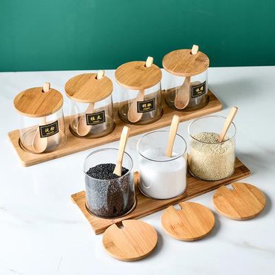 Glass Spice Storage Jar Wood Lid Container Spices Food Cereal Jar Kitchen Salt Candy Cookies Tea Coffee Beans Organizer Bottle