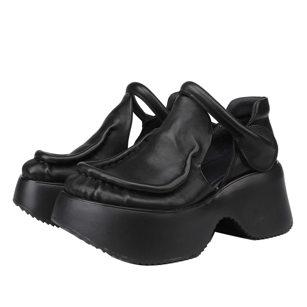 Johnature Retro Genuine Leather Thick Soled Shoes Round Toe Thick High-heeled Comfortable Platform Sandals