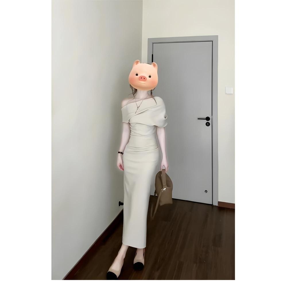 New Early Summer Wear Slanted Shoulder Swing Collar Dress, Children's Spring and Summer Temperament Slim-fitting Versatile Hip-wrapped Dress