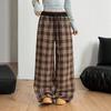 High Waist Loose Wide Leg Casual Pants Women Plaid Drawstring Trousers Daily Wear