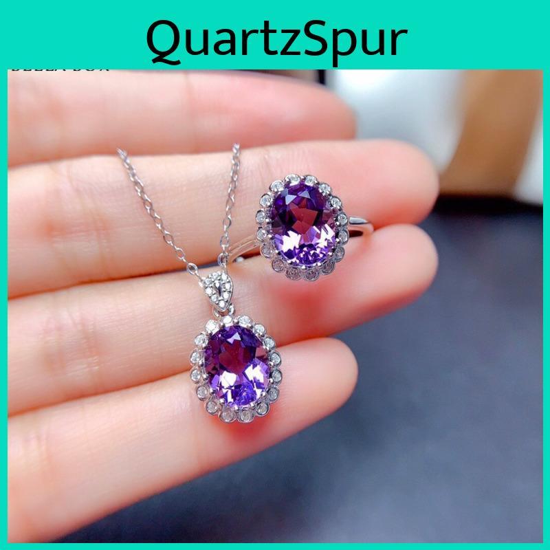 New Bella Korean Box Version Of Temperament Oval Amethyst Color Treasure Open Ring Womens Fashion Pendant Necklace Jewelry Set