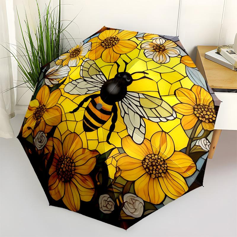 

1pc Bee, Floral Art Automatic Umbrella - Stylish, Durable, with 8-Rib Manual Open Design, Elegant Black Handleyy250920095