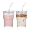 1/2 Pezzi 400ml Bicchiere a Strisce Trasparente Bicchiere da Bevuta con Coperchio e Cannuccia Tazza per Caffè Freddo Tè Bicchiere per Succhi Bicchiere per Latte Acqua