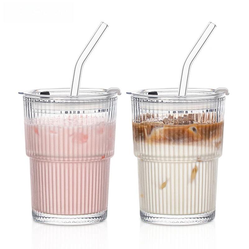 1/2 Pezzi 400ml Bicchiere a Strisce Trasparente Bicchiere da Bevuta con Coperchio e Cannuccia Tazza per Caffè Freddo Tè Bicchiere per Succhi Bicchiere per Latte Acqua