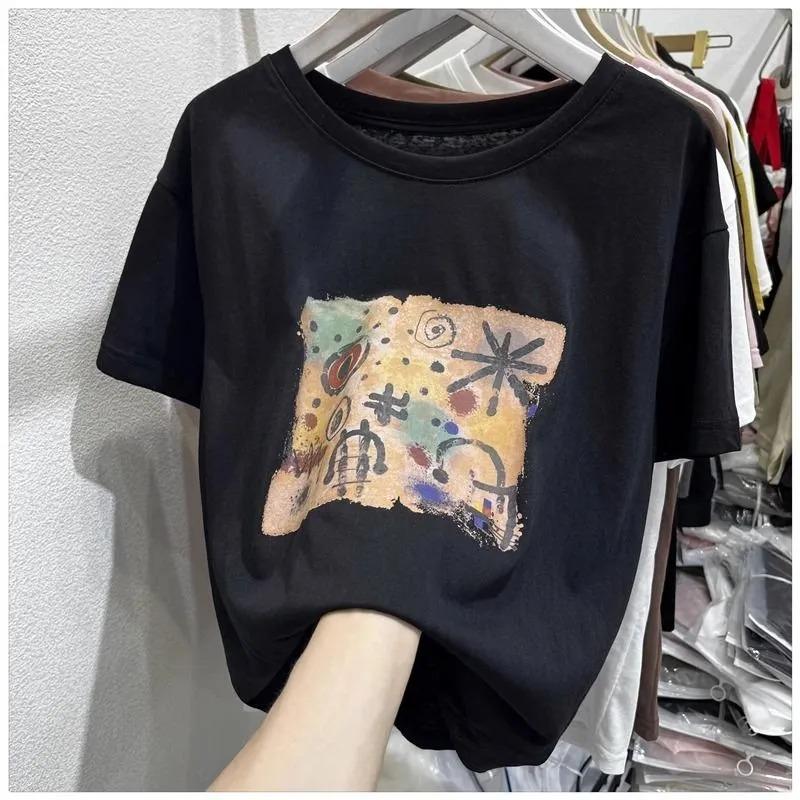 Japanese Retro Graffiti Printed Cotton Men's and Women's Short-sleeved T-shirts for Autumn Loose and Comfortable Round Neck Tops