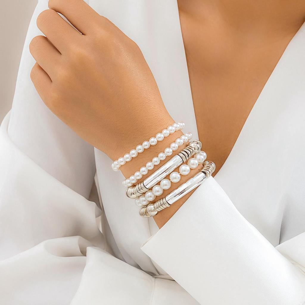 Retro Faux Pearl Metallic Bracelet Set: European & American Style, Simple Multi-Piece Beaded Designs