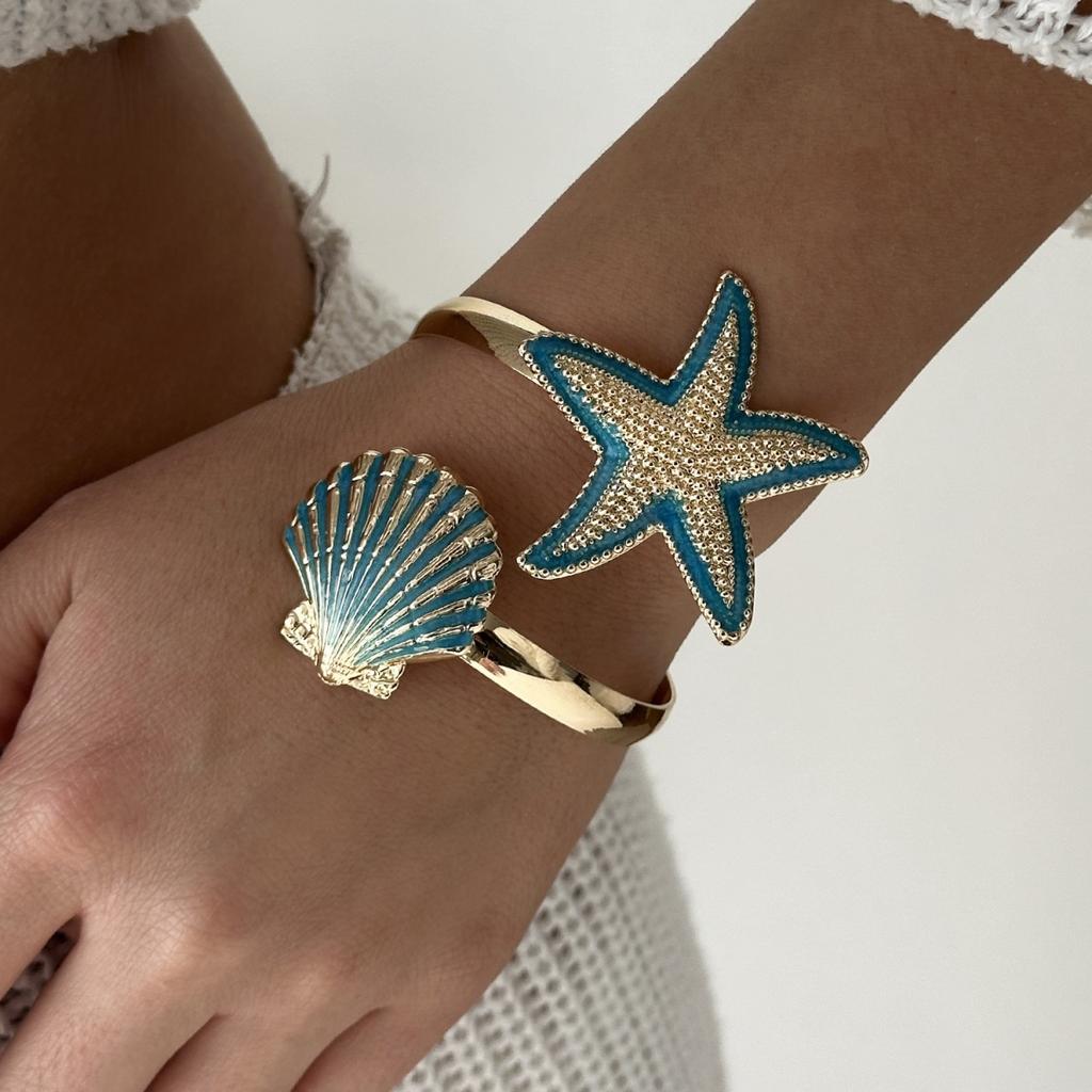 Colorful Enamel Metal Starfish Shell Opening Bracelets For Women Men Summer Vacation Beach Sea Star Cuff Bangle Seaside Jewelry