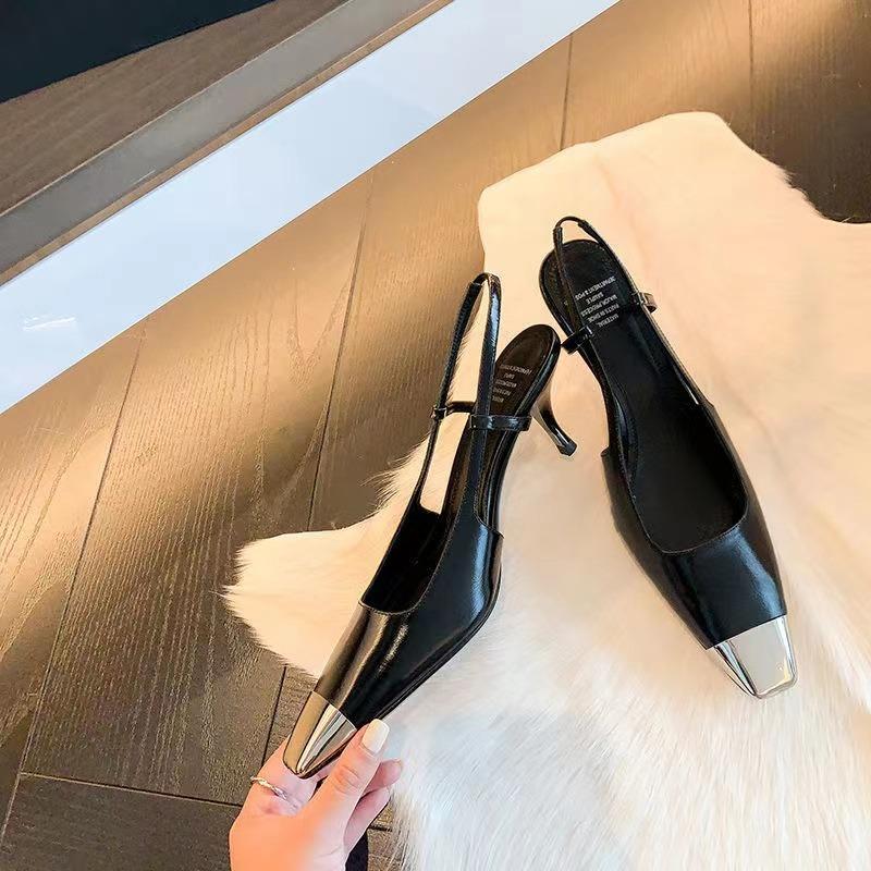 

Новые босоножки с квадратным носком и тонким каблуком из лакированной кожи, черные обтянутые каблуки, высокие каблуки, металлический носок, темпераментные матовые женские туфли 34