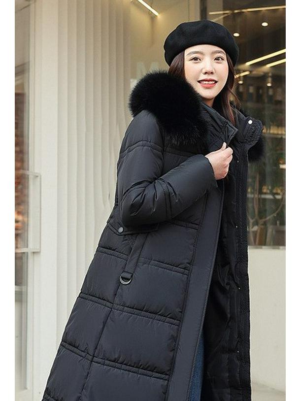 Korean Style Long Winter Cotton Coat with Large Fur Collar for Women – Thick, Loose, Over-Knee Design, Plus Sizes Available.