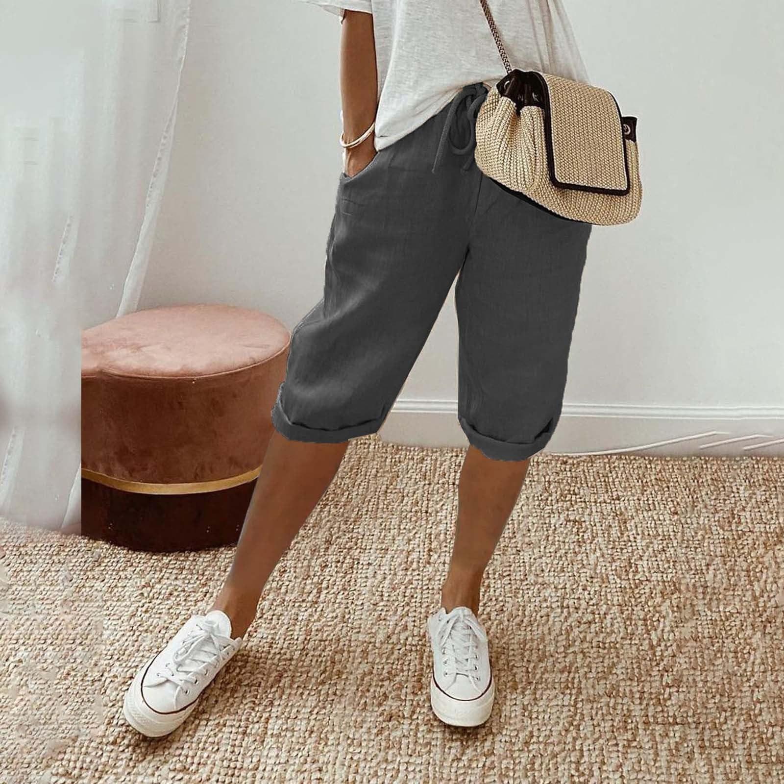 

Женские льняные шорты, повседневные шорты с высокой талией, шорты на шнурке с карманами S