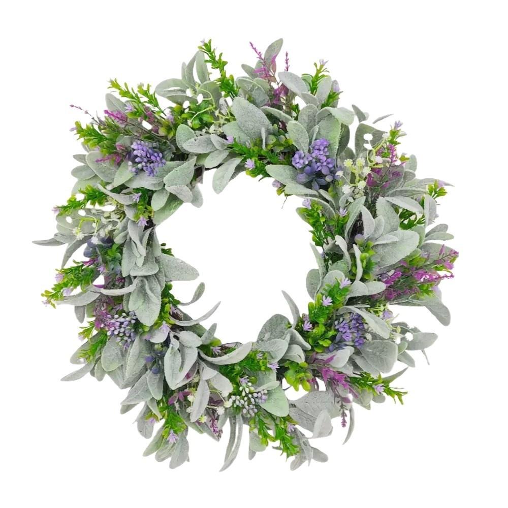 

Flocked Lambs Ear Lavender Wreath Realistic Lifelike Spring Door Wreath Faux Flowers Vivid Colors Door Hanging Wreath 40cm-15.75in зелёный