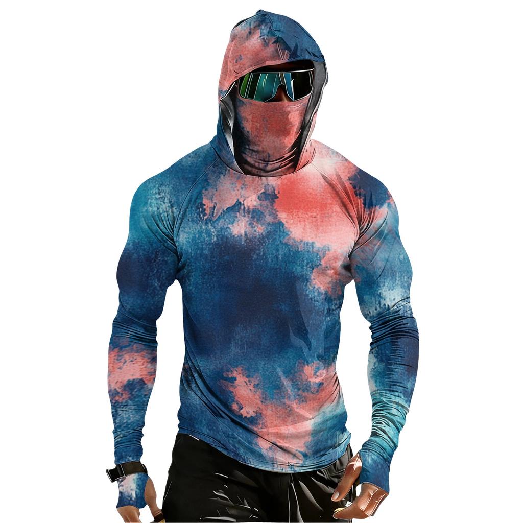 Camicia da Uomo Casual a Manica Raglan con Cappuccio a Manica Lunga Protezione Solare UPF 100 Plus Tessuto Leggero Traspirante Asciugatura Rapida con Stampa Testurizzata