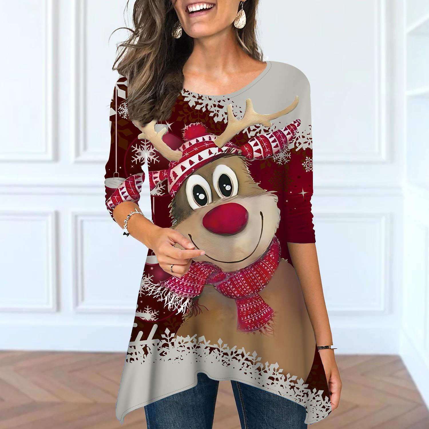 

Женские весенние топы с круглым вырезом и принтом лося и оленя, модные футболки с длинными рукавами и неровным подолом L бежевый