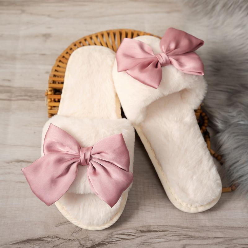 New Autumn Winter Women's Home Cotton Slippers Women Elegant Flat Bottom Warm Head Plush Slippers Trendy Butterfly Knot Slippers