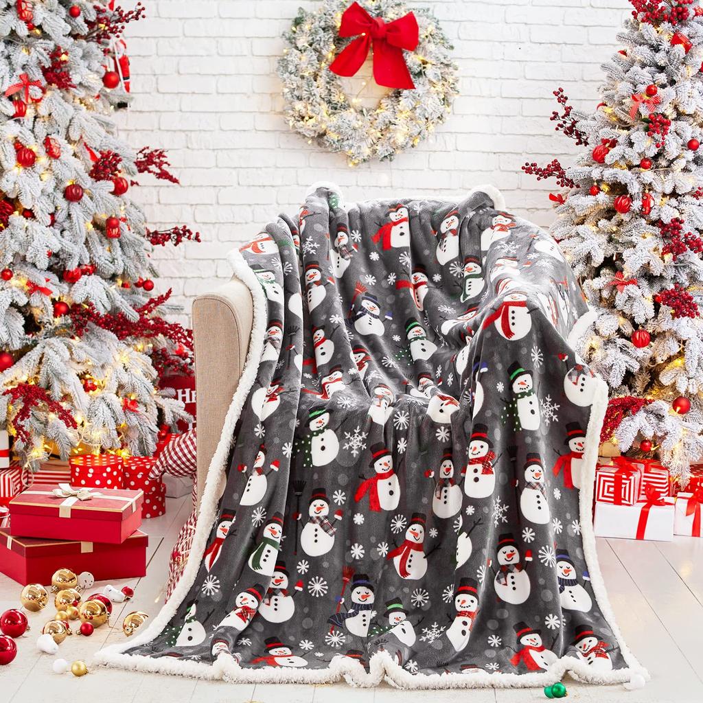Christmas Reindeer Throw Blanket Double Layer Thicken Fluffy Soft,Warm,Fleece Flannel Santa Claus Snowman Blanket Home Gift