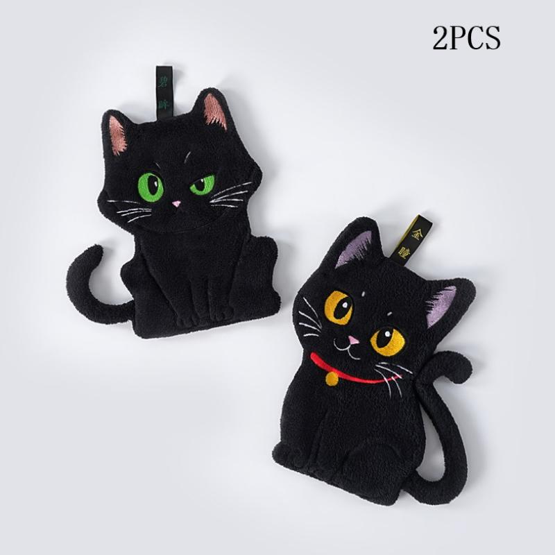 Cartoon Black Cat Hand Towel Animals Shape Absorbent Hand Cloth Kitchen Cleaning Wipe Cloth Kid Bathroom Hanging Towel