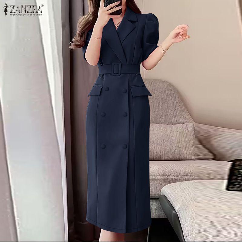 ZANZEA Women Casual Turn Down Collar Short Sleeve Sheath Dress