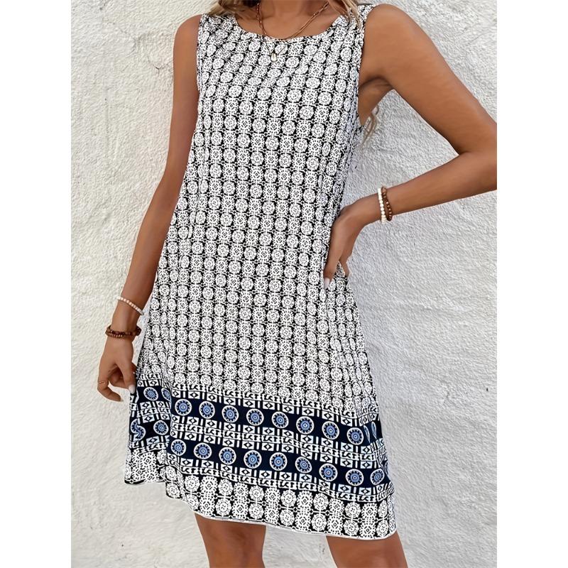 2026 Summer Women's Knee Length Short Dress Bohemian Vintage Printed Round Neck Dress Casual Comfortable Beach Sleeveless Dresse