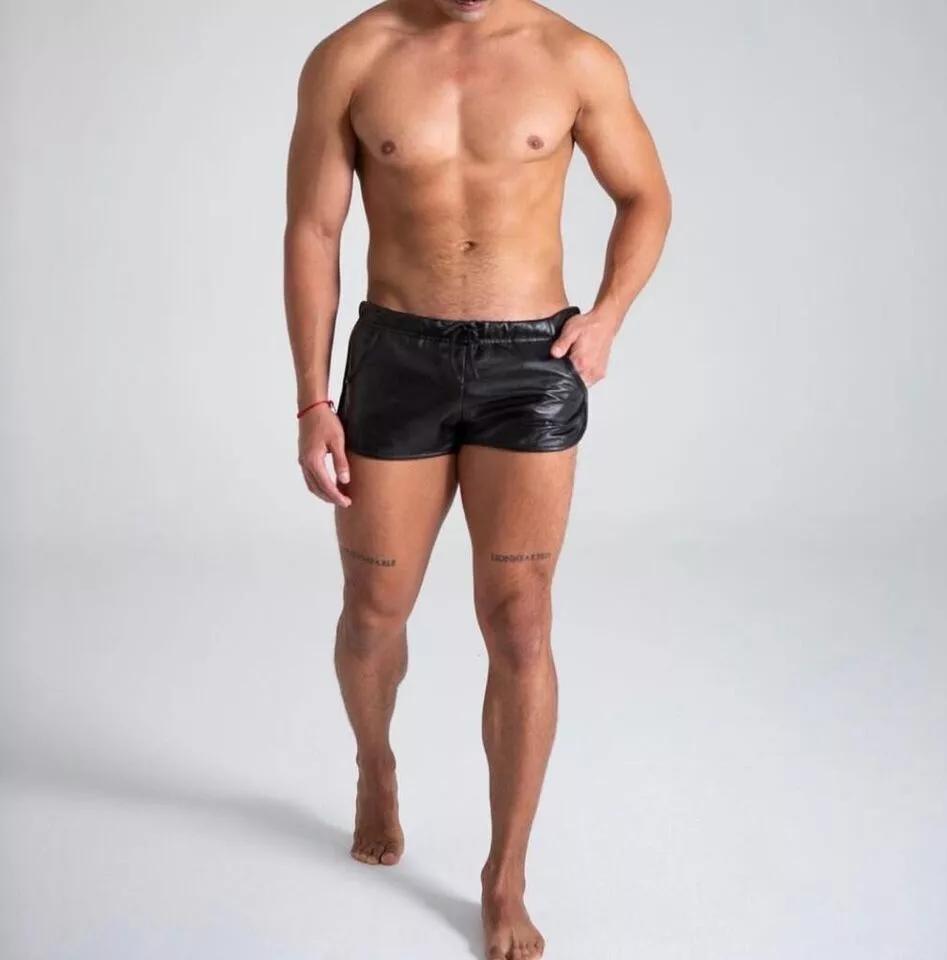 Sport Leder Lässig Schwarz Herren Fitnessstudio Stilvoll Echt Kurze Hosen Boxer Lammfell