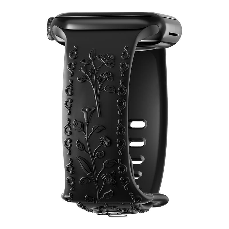 Engraved Strap For Apple Watch Band 42mm 44mm 45mm 41mm 40mm 49mm Silicone Floral Bracelet Correa Series 8 9 7 SE 4 5 6 Ultra 2