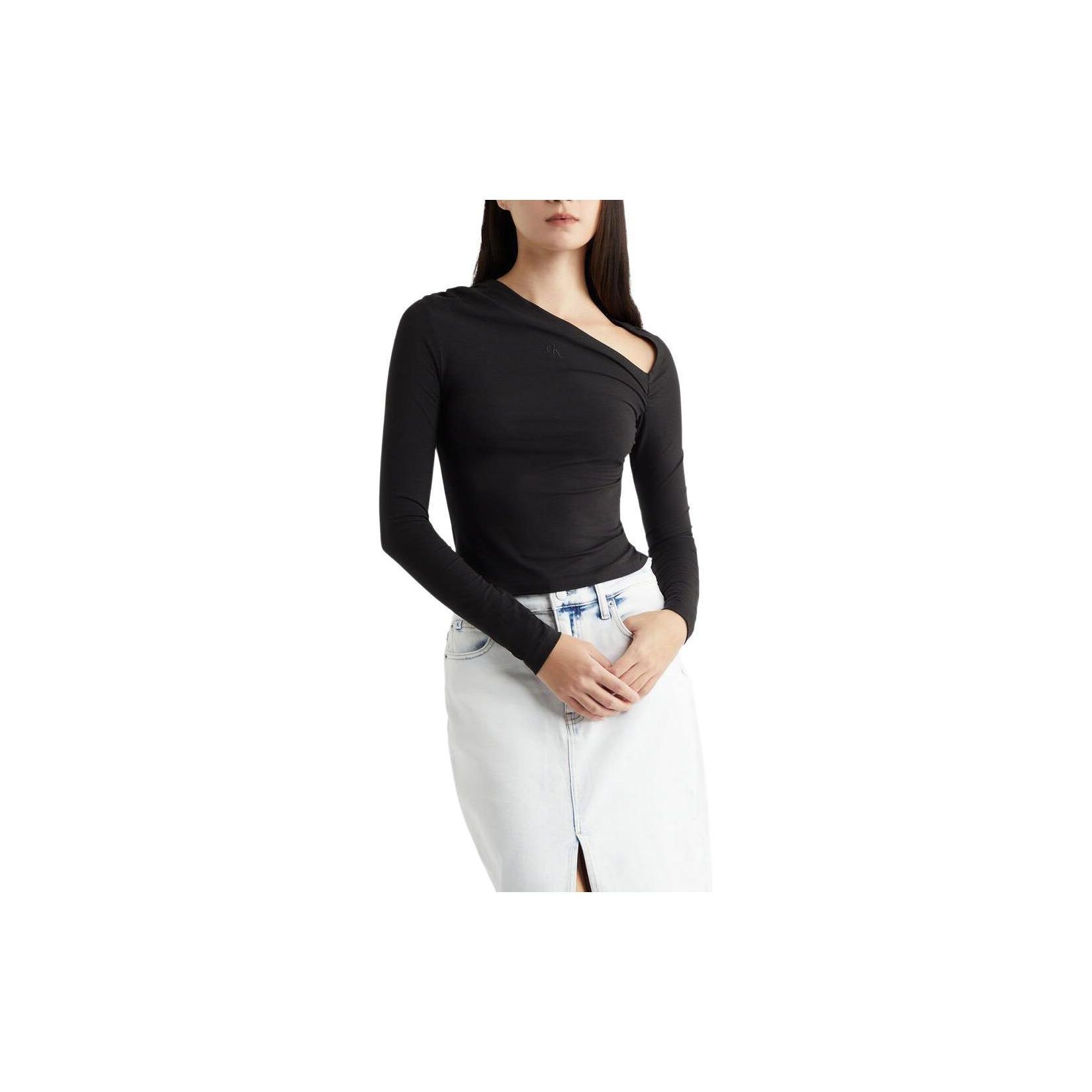 

Calvin Klein Solid Hollow Knit Long Sleeve T-Shirt Women tops Black J222956-BEH M
