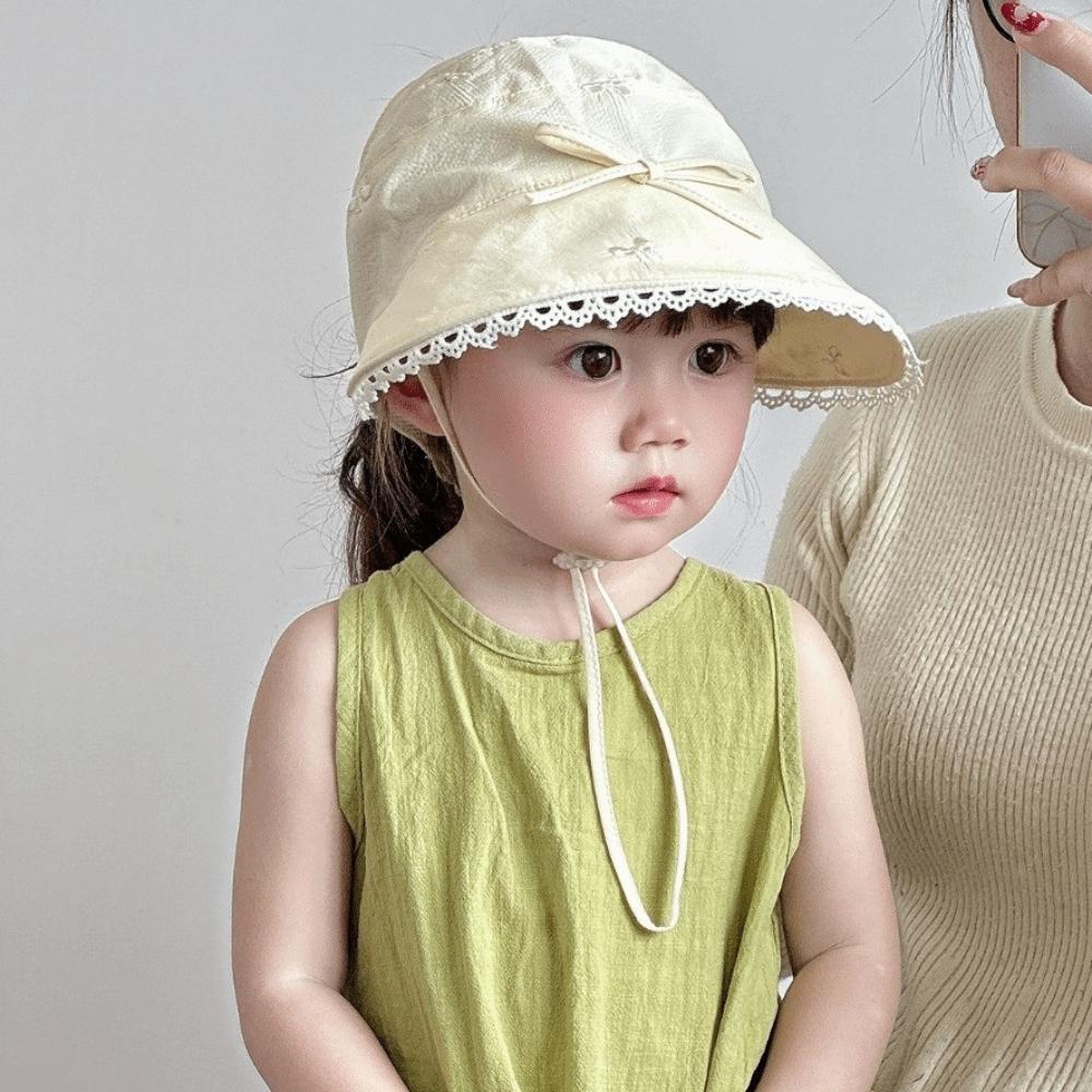 Princess Lace Trim Fisherman Hat Cotton Sun Protection Hat Wide Brim Hat  3-8 Years Old Girls