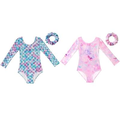 3-13Y Kids Fish Scale Printed Gymnastics Leotard Spring Summer Long Sleeve One-Piece Bodysuit Costume