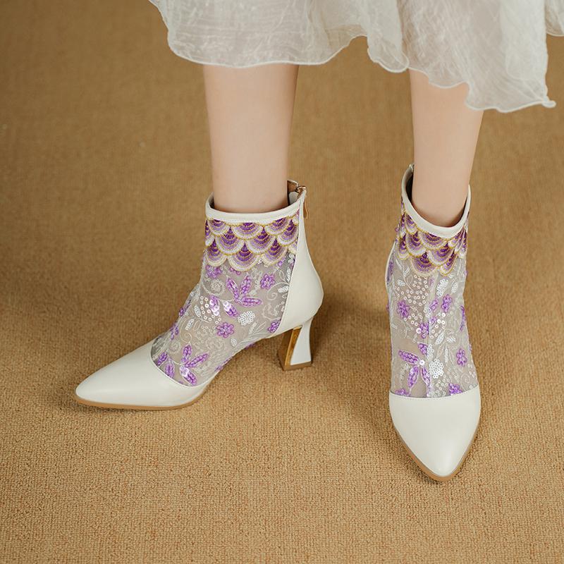 Krazing Pot Cow Skin Pointed Toe Summer Boots Fashion Air Mesh Bling Patch Appliques High Heels Embroidery Ankle Boots