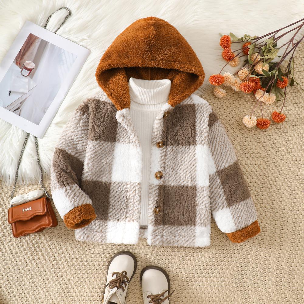 

Детская одежда Детская Новая Девочек Осень и Зима Клетчатое Плюшевое Худи Повседневное Пальто 7Y хаки