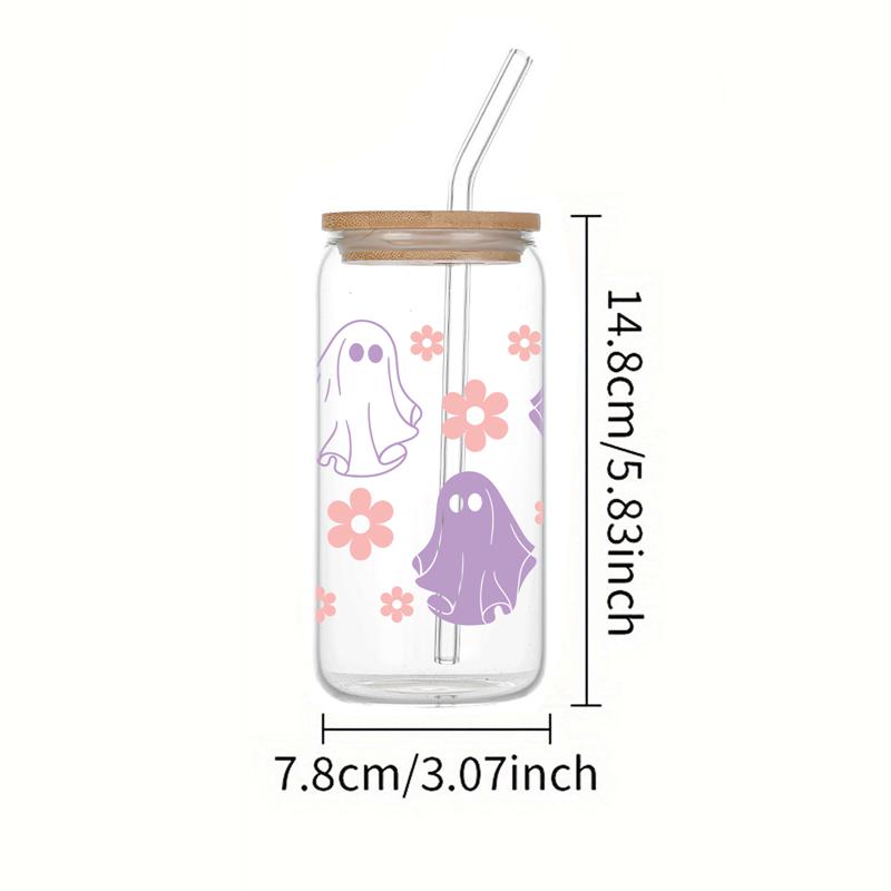 Rosa Blomster/Lilla Spøkelse Trykket Glasskopp Med Bambuslokk&Sugerør Klar Varmebestandig Juice Kaffe Glass Kan Halloween Gaver