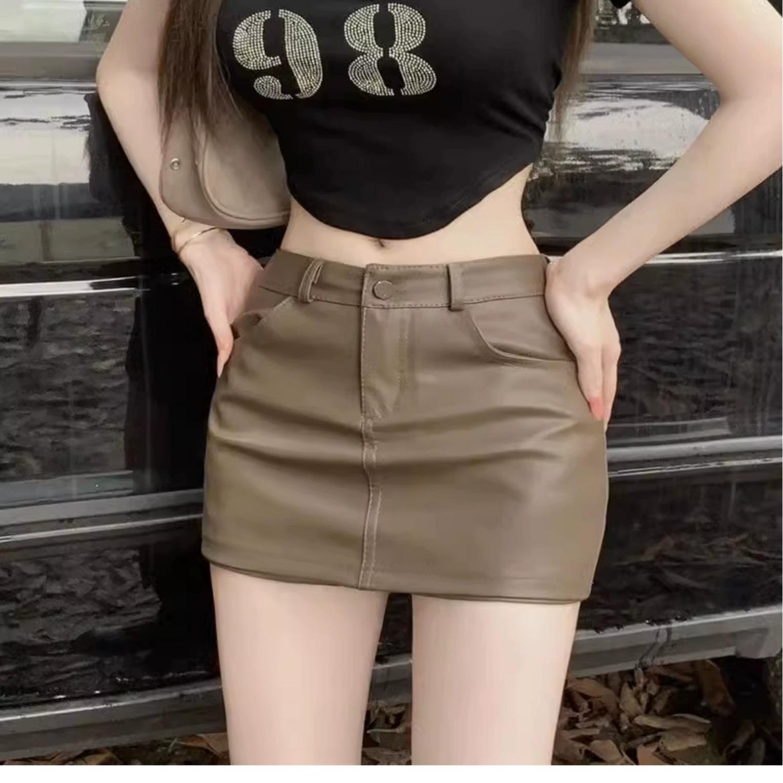 

Women s Khaki Retro PU Leather Midi Skirt 2024: High Waist, Slimming Bodycon, A-line for Autumn/Winter M кофейный