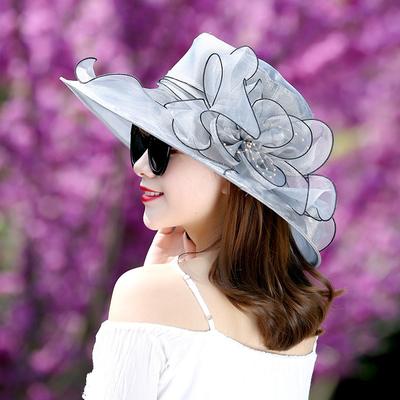 Elegant Summer Women's Sun Hat Breathable Organza Material with Woven Floral Decor Fits Head Sizes 56-58cm