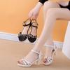 Sandals women's summer new thick heel open-toe one-word buckle medium heel metal decorative fashion sandals