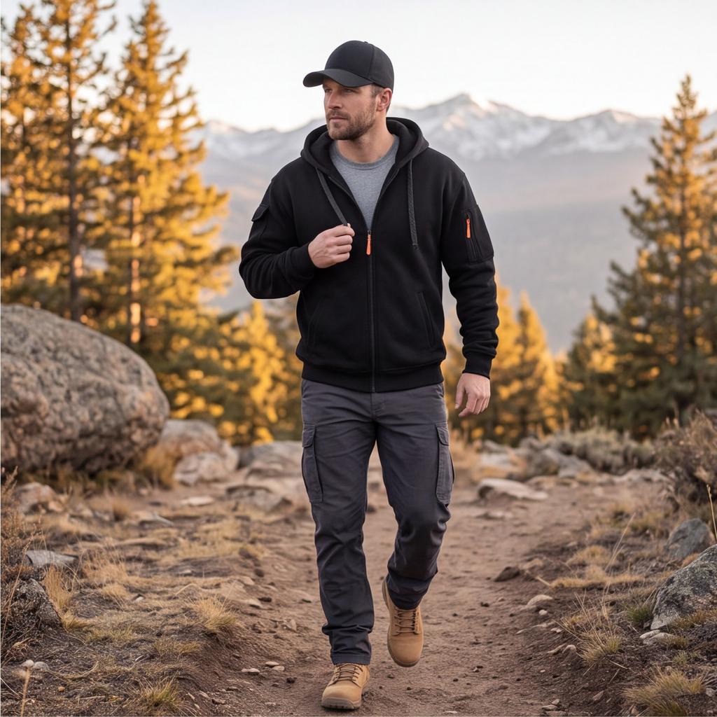 Men's Zip-Up Hooded Sweatshirt with Multiple Pockets Casual Loose Fit