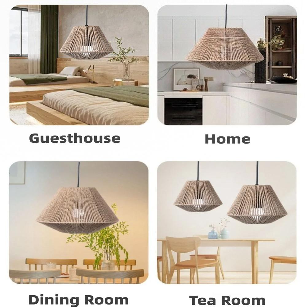 Farmhouse Style Rattan Lamp Geometric Shade Light Covers Chandelier Hanging Wicker Woven Fixture Decor for Living Room Bedroom