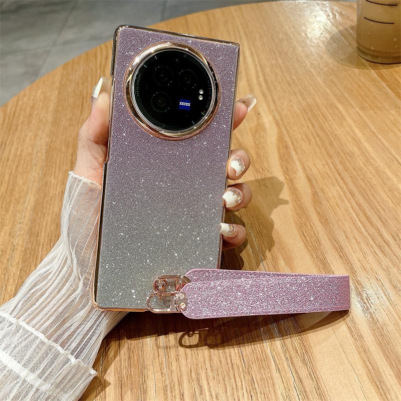 For vivo X Fold3 Case Hard PC Bling Glitter Phone Cover with Wrist Strap