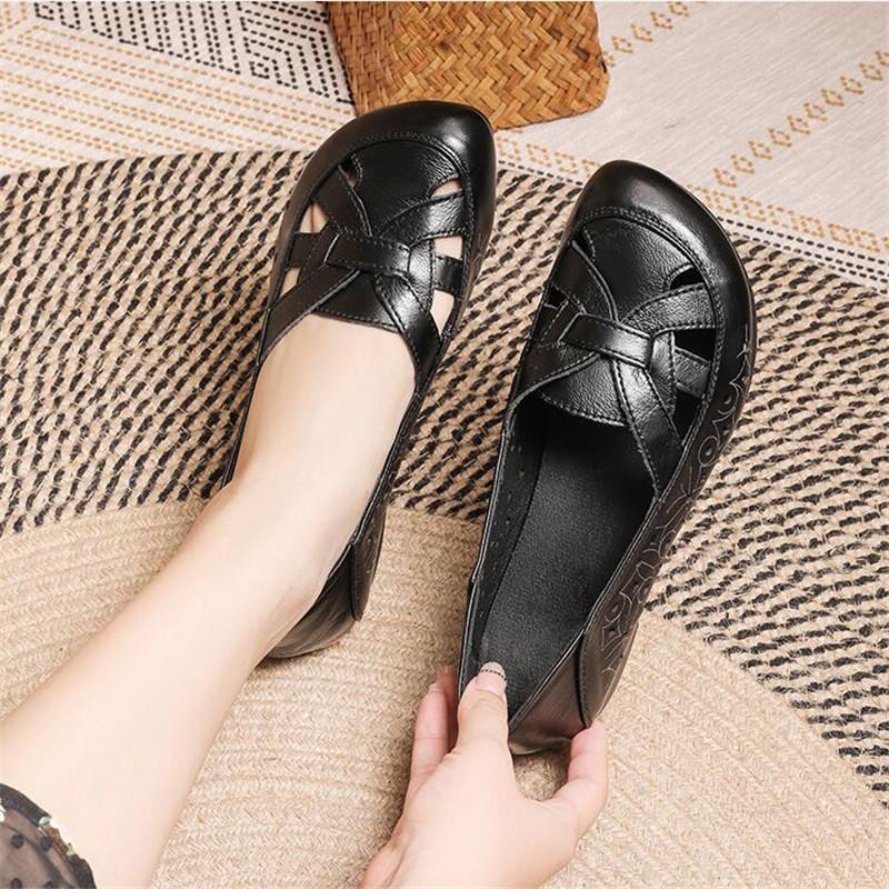 Fashion Genuine Leather Soft Sole Shallow Mouth Women's Shoes Hollow Out Breathable Casual Flat Shoes Comfort Women Low Heels Shoes