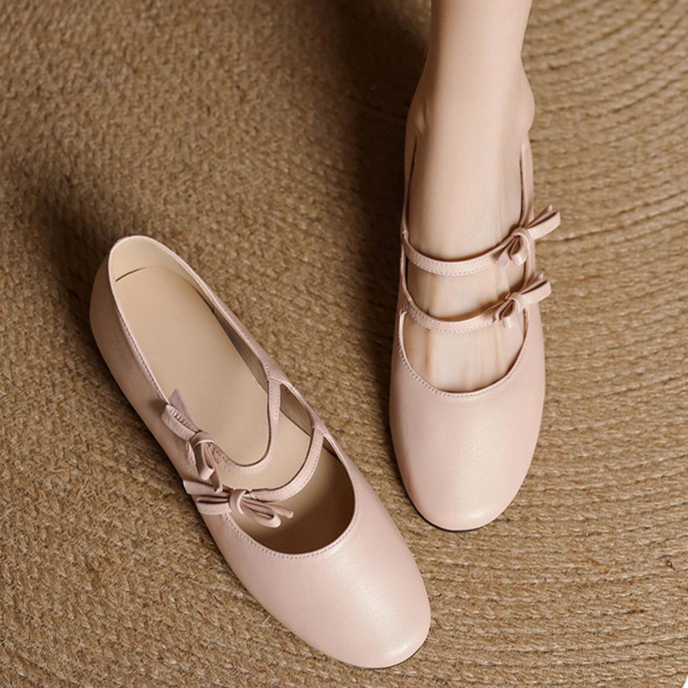 French Round Head Bow Mary Jane Shoes Women's New Shallow Mouth Flat Sole Shoes Versatile Leather Shallow Mouth Women's Shoes