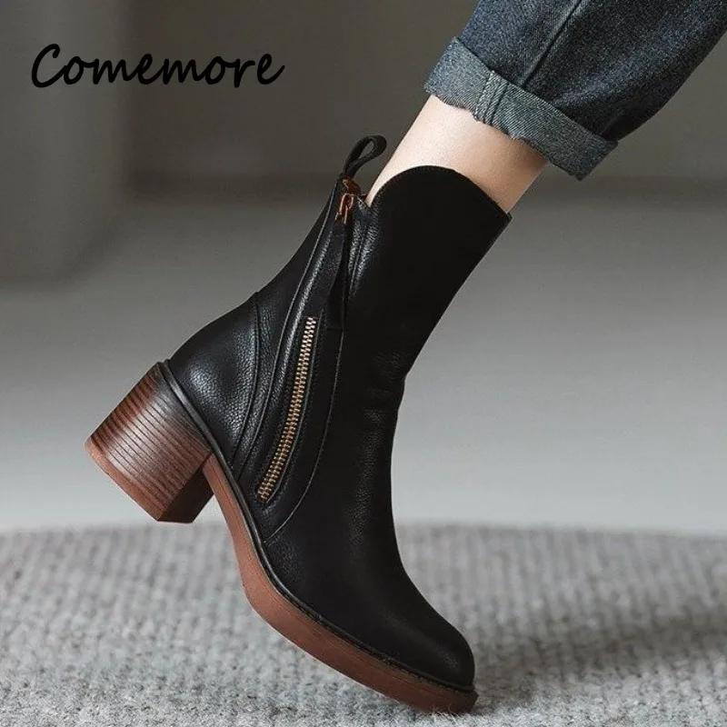 Comemore  Versatile Style Retro Ankle Boots High Heels Women Fashion Boot Rubber Leather Autumn Winter New Women's Shoes 34