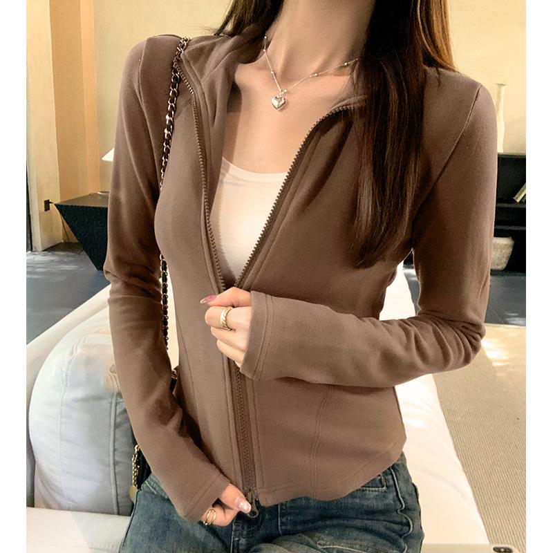 Small Stand-up Collar Zipper Sweatshirt Jacket Autumn and Winter Long-sleeved Right Shoulder Tight-fitting Inner German Velvet Warm Cardigan Top