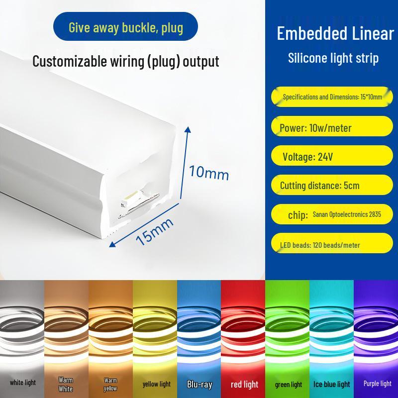 Dimmable Waterproof LED Silicone Strip, 12V-24V, 220V, Self-Adhesive, Embedded Linear Slot