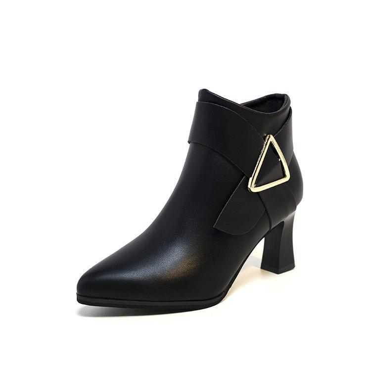 20 autumn and winter new style metal decoration pointed head thick heel fashion short boots women