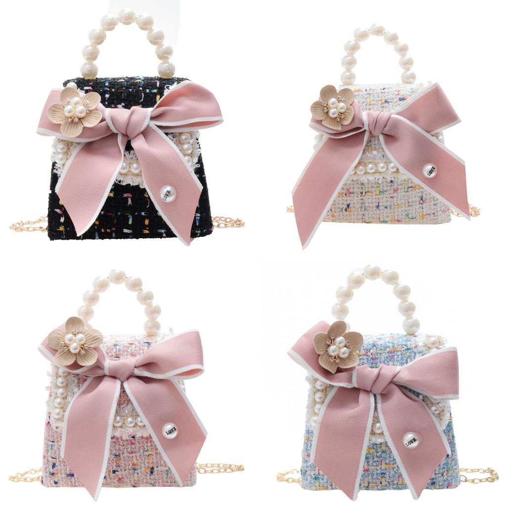 Adorable Pearl Mini Handbag For Kids Fashionable Winter Bow Decorated Coin Purse