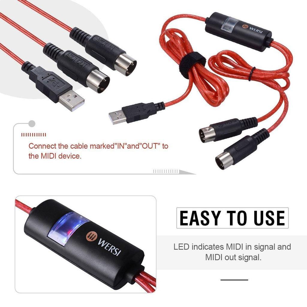 USB IN-OUT MIDI Cable Converter, Professional PC/ Laptop/ Mac To Music Keyboard Adapter Cord for Home Pinao Music Studio