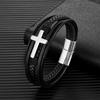 Punk Men Cross Design Multilayer Braid Genuine Leather Bracelet 316L Stainless Steel Magnetic Buckle Jewelry Pulseras