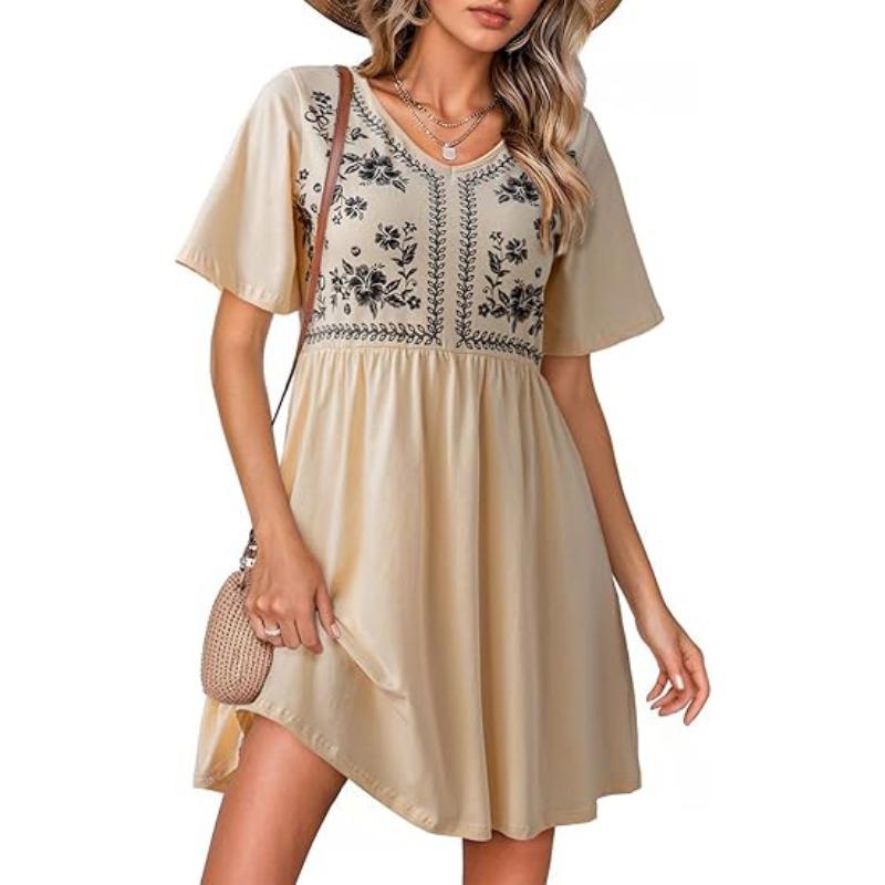 YYFS Women's Fashion Summer Spring Flower Pattern Print Short Sleeve V-Neck High Waist Casual Dresses