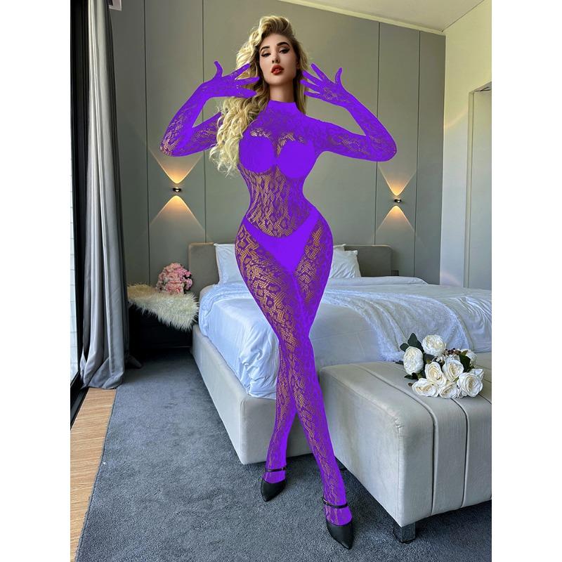 Sexy lingerie long-sleeved one-piece mesh socks mesh clothes closed crotch perspective