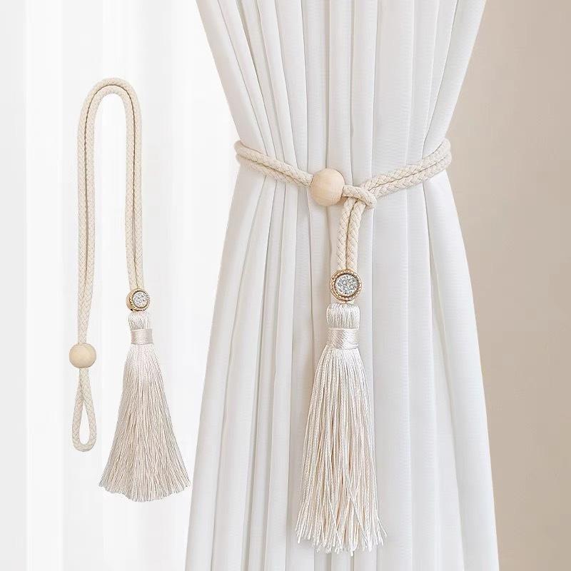 2 Piezas Chic Bohemio Cordón de Algodón Ajustable Cortina Amarre Borla - Tejido a Mano, Correa Hebilla de Cortina con Anilla de Madera